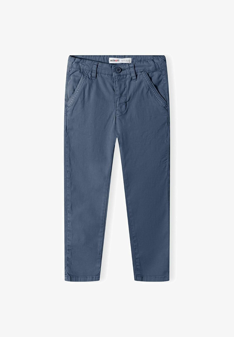 Blå raka byxor för barn med knapplås och dragkedja, bälteshällor och snett placerade framfickor.