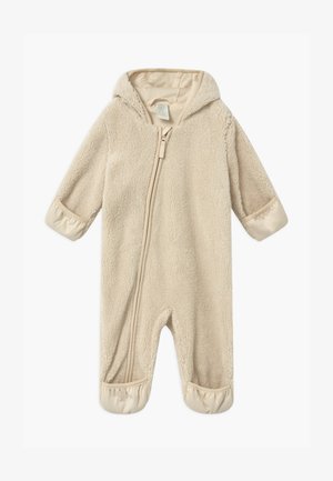 Beige hooded jumpsuit gemaakt van zachte, gestructureerde stof met een ritsclosure. Voorzien van elastische boorden bij de mouwen en voeten voor een comfortabele pasvorm.