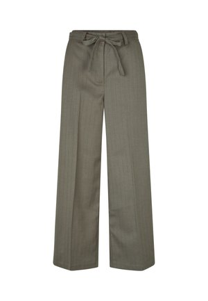 Pantalon large en tissu vert olive, avec une texture douce, une taille élastique et un détail de lien à l'avant. Motif à rayures verticales visible.