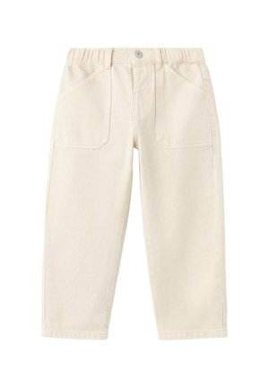 Pantalon pour tout-petit couleur crème avec ceinture élastique, deux poches plaquées devant et fermeture par bouton sur fond blanc.