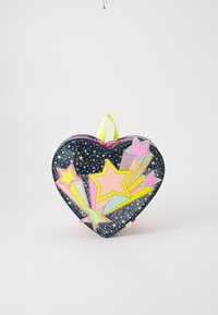 Heart-shaped bag with a dark starry background, featuring colorful star accents in pink, yellow, and iridescent materials. Neon yellow zipper.
