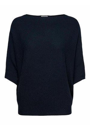 Marineblaues Strickoberteil mit einer kastigen Silhouette, überschnittenen Schultern und geripptem Muster. Rundhalsausschnitt und lockerer Schnitt.