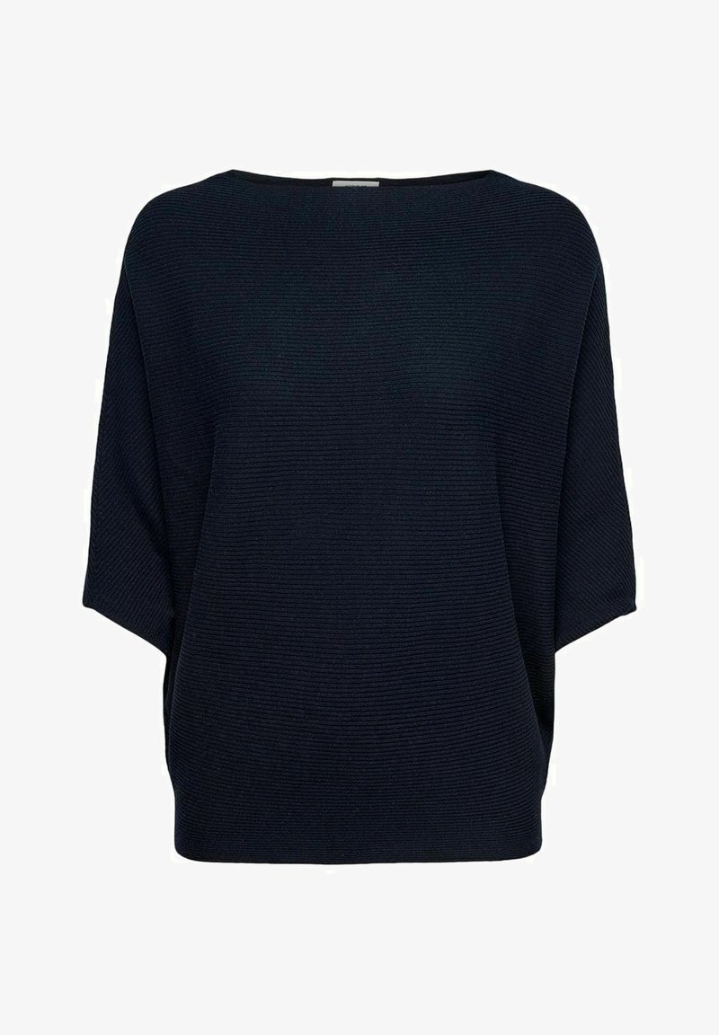 Top en maille bleu marine avec une silhouette carrée, des épaules tombantes et une texture côtelée. Encolure ras du cou et coupe décontractée.