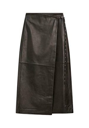 Schwarzer Leder-Midirock mit Wickeldesign, seitlichen Druckknöpfen und glatter Textur, maßgeschneidert für eine figurbetonte Silhouette.