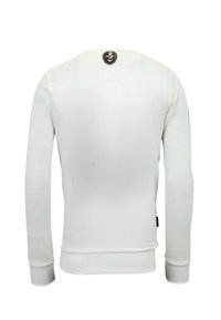 Witte lange mouwen trui van breiwerk, met een ronde halslijn, geribbelde manchetten en een zwart logo detail aan de achterkant.