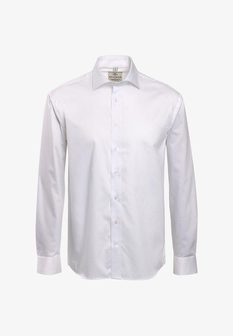 Valkoinen pitkähihainen paita, joka on valmistettu puuvillasta. Siinä on terävä kaulus, napitettava etuosa ja teksturoitu kangas ilman näkyviä kuvioita.