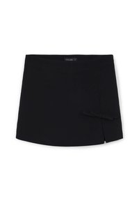 Gonna nera con un design a portafoglio, dotata di un dettaglio a fiocco laterale. Realizzata in tessuto morbido, presenta un orlo leggermente curvo e una texture sottile.