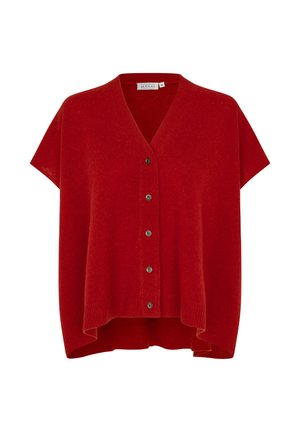 Cardigan corto rosso a maniche corte con scollo a V, caratterizzato da sei bottoni sul davanti e un orlo posteriore leggermente più lungo. Realizzato in morbido tessuto a maglia.