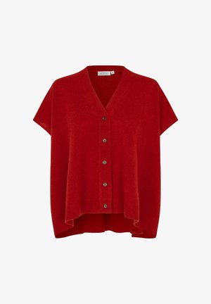 Czerwona kardiganka na krótki rękaw z dekoltem w serek, z sześcioma guzikami z przodu i lekko wydłużonym tyłem. Wykonana z miękkiej dzianiny.