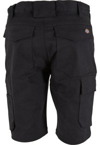 Pantaloni cargo neri realizzati in tessuto resistente, dotati di numerose tasche, dettagli cuciti e una vestibilità dritta per un uso pratico.