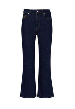 Jeans blu scuro a vita alta con bottone e zip frontali, due tasche davanti e gambe leggermente svasate.