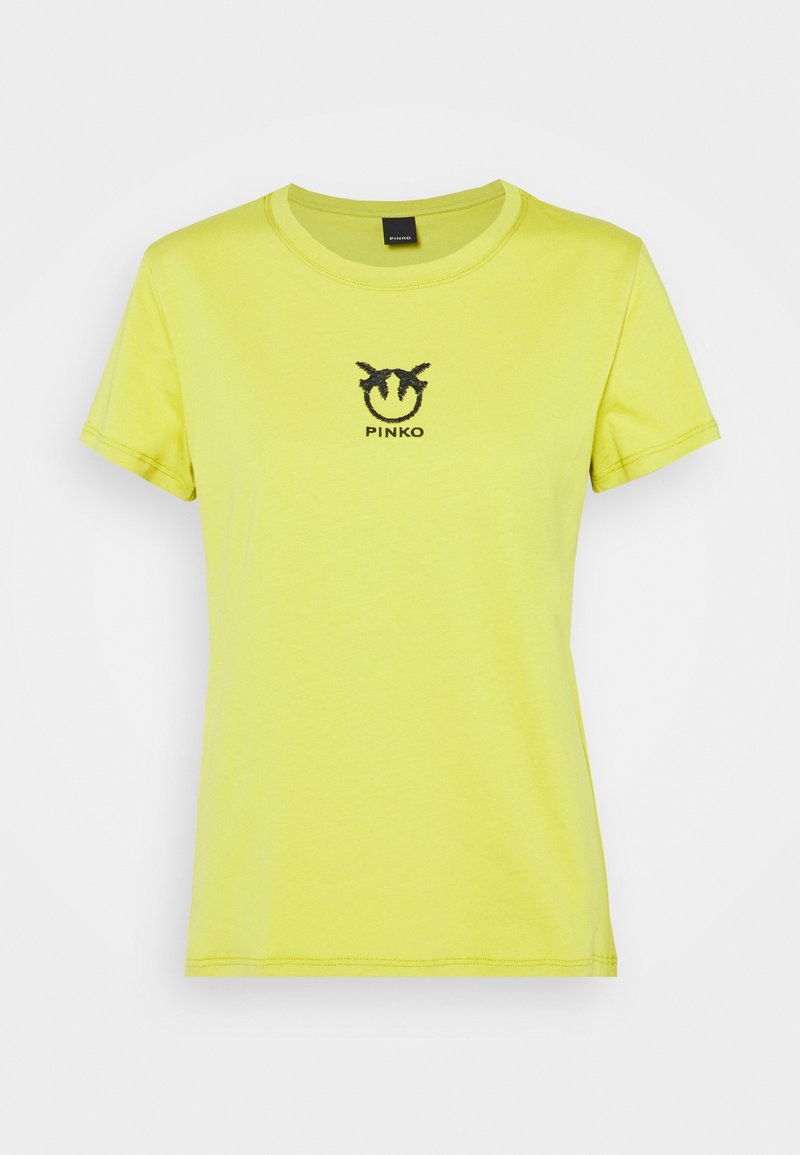 Żółta bawełniana koszulka z krótkim rękawem, okrągłym dekoltem i czarnym haftowanym logo "PINKO" z charakterystycznym wzorem na piersi.