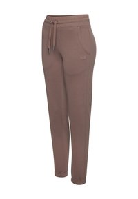 Braune Jogginghose mit einem elastischen Bund, Kordelzug, zwei seitlichen Taschen und gesticktem Logo auf der Hüfte, aus weichem Baumwollmaterial hergestellt.