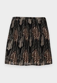 Falda negra con una cintura fruncida, que presenta un patrón abstracto en tonos marrón y beige, acentuada con líneas y texturas metálicas.