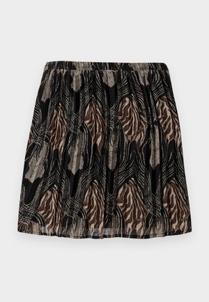 Jupe noire avec une taille froncée, arborant un motif abstrait marron et beige, rehaussé de lignes et de textures métalliques.