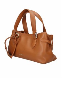 Sac à main en cuir marron avec doubles poignées supérieures, sangles latérales ajustables et détails en métal argenté, portant la marque « Biasia » sur le devant.