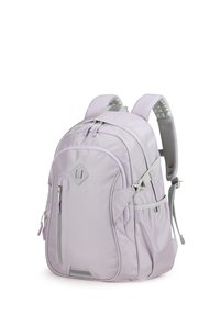 Sac à dos violet clair fabriqué en tissu résistant, doté de bretelles rembourrées, de plusieurs poches zippées et d'un panneau arrière texturé.