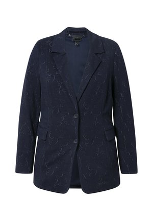 Navy blue blazer with a textured fabric featuring subtle swirl patterns, single button closure, and two front pockets.