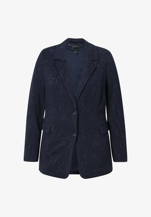 Blazer blu navy in tessuto texturizzato con sottili motivi a spirale, chiusura a un bottone e due tasche frontali.