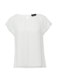 Witte blouse met korte mouwen en een ronde halslijn, gemaakt van lichte stof. Heeft een sleutelgatopening aan de achterkant.