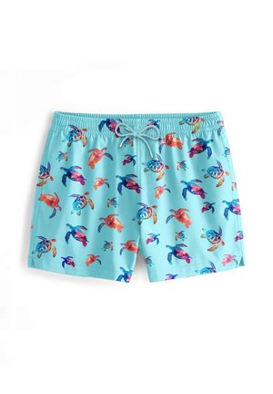 Lyseblå badebukser med et farverigt skildpadde-mønster. Lavet af letvægtsstof med elastisk talje og snøre til justering.