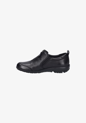 Black slip-on shoes made of leather, featuring elastic side panels, rounded toe, textured rubber sole, and small heel tab for easy wear.