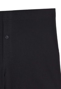 Pantaloni in cotone neri con chiusura a bottone, vita piatta e cuciture semplici. Texture liscia senza motivi o accenti visibili.