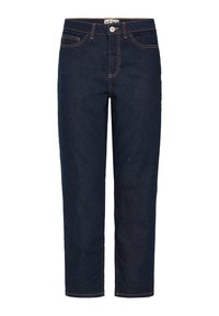 Jeans rectos de color azul oscuro con botón delantero y cremallera, diseño de cinco bolsillos y costuras en naranja contrastante.