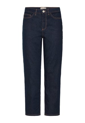 Jeans dritti di colore blu scuro con chiusura a bottone e cerniera anteriore, design a cinque tasche e cuciture arancioni a contrasto.