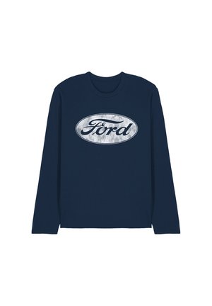 Dunkelblaues Langarmshirt mit einem silbernen Oval, in dem das Wort "Ford" in Kursivschrift in der Mitte der Brust steht.