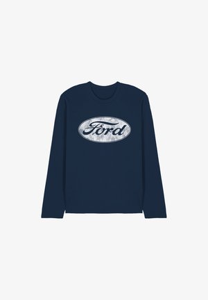 Dunkelblaues Langarmshirt mit einem silbernen Oval, in dem das Wort "Ford" in Kursivschrift in der Mitte der Brust steht.