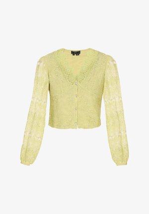 Kanten cardigan in lichtgeel met een V-hals, lange opbollende mouwen en kleine knopen aan de voorkant. Heeft ingewikkelde bloemmotieven en een gestructureerde afwerking.