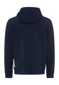 Felpa blu navy con cappuccio, polsini e orlo a costine. Presenta un'etichetta laterale. Texture liscia con design uniforme.