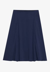 Gonna plissé navy realizzata in tessuto leggero; presenta una texture morbida, una vita liscia e pannelli fluenti per facilitare i movimenti.
