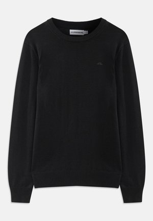 Black long-sleeve crew neck sweater with ribbed cuffs and hem, featuring a small subtle logo on the left chest.