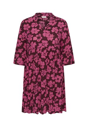 Rochie mov cu model floral roz, decolteu în V, mâneci până la cot și tiv cu volane.