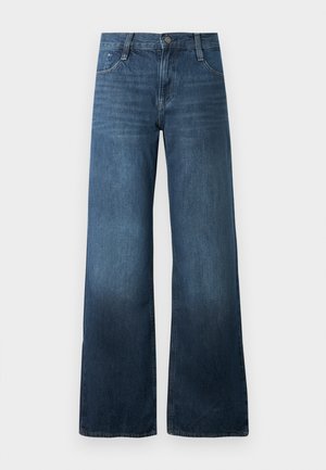 Sötétkék, bő szárú farmernadrág, magas derekú, öt zsebes kialakítással, enyhe kopással az alján. Standard gombos zárás.