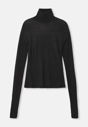 Black long-sleeve turtleneck top made of lightweight, textured fabric. Features a collar and fitted design with a straight hem.