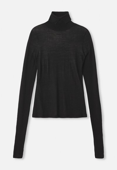 Black long-sleeve turtleneck top made of lightweight, textured fabric. Features a collar and fitted design with a straight hem.