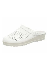 Weiße Clogs aus strukturiertem Synthetikmaterial, mit zahlreichen Belüftungsöffnungen, einem Rückriemen und einer niedrigen, gerippten Sohle.
