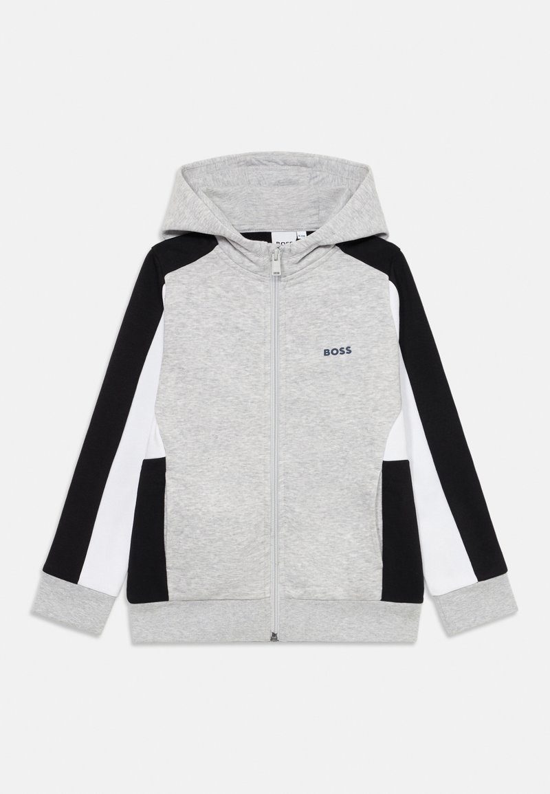 Sweatshirt cinza com fecho éclair e capuz, com mangas em bloco de cores preto e branco, logotipo BOSS no peito e material macio em mistura de algodão.