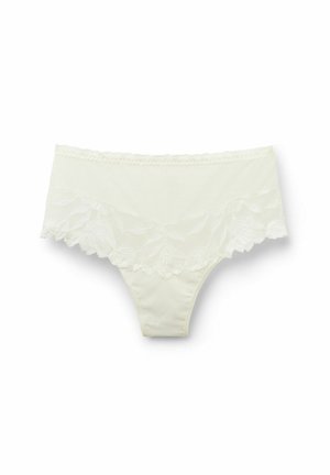 Witte slipjes met kantafwerking, gemaakt van zachte stof. De tailleband is versierd met delicate geschulpte kantdetails en heeft een gladde achterkant.