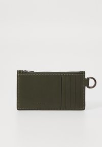 Olive green leather wallet with a zip closure, six card slots, and a keyring attachment. Smooth texture with contrasting stitching.