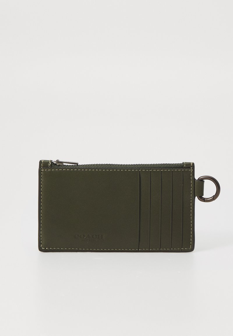 Olive green leather wallet with a zip closure, six card slots, and a keyring attachment. Smooth texture with contrasting stitching.