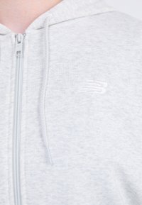 Hoodie zippé gris clair en matériau doux, avec une fermeture éclair à l'avant et un petit logo blanc brodé sur la poitrine.