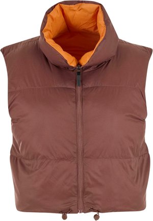 Gilet imbottito senza maniche marrone con interno arancione. Presenta un colletto alto, una zip frontale e un orlo con coulisse regolabile.