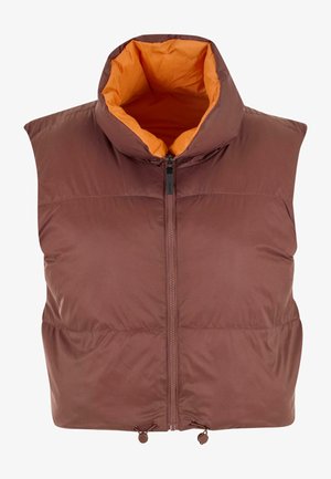 Puffy sleeveless vest in brown with an orange interior. Features a high collar, front zipper, and drawstring hem for adjustability.