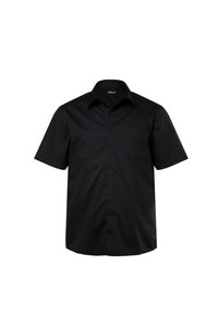 Korte mouwen zwarte overhemden met een puntkraag en een borstzak, gemaakt van gladde stof met een slim fit.