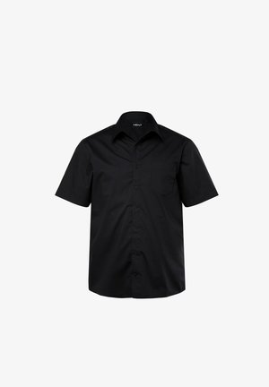 Chemise noire à manches courtes avec un col pointu et une poche poitrine, confectionnée en tissu lisse avec une coupe ajustée.