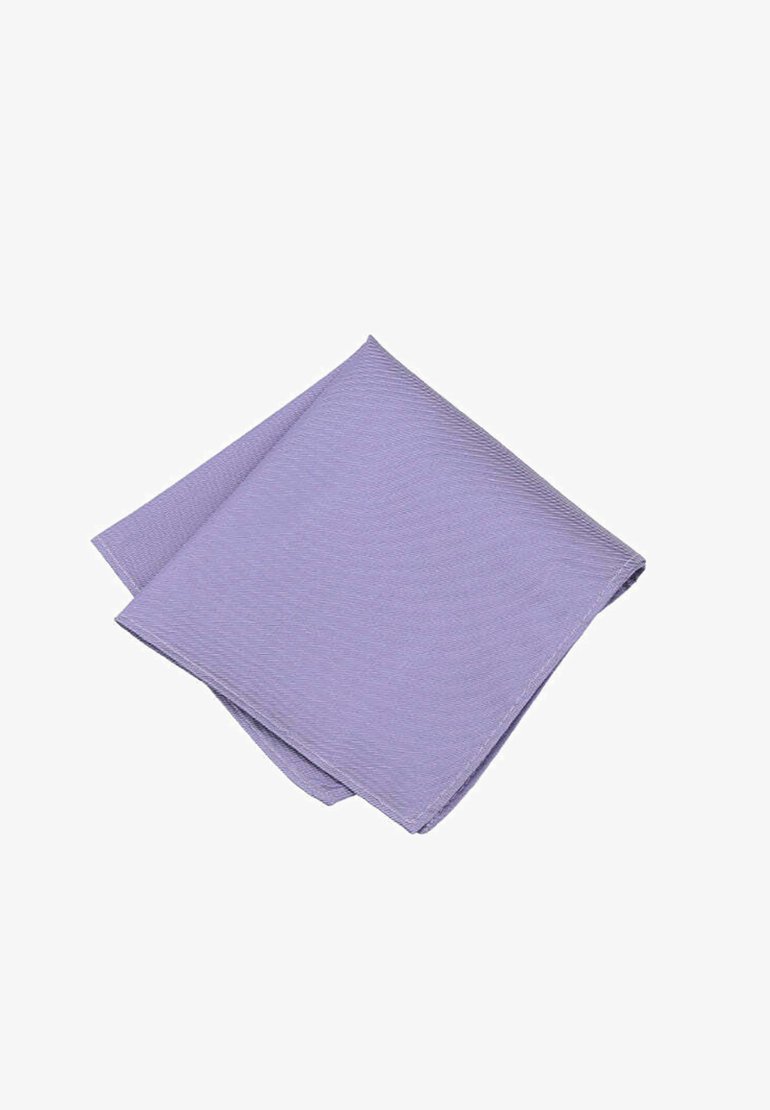Purple linen napkin with a textured surface, folded into a triangular shape, featuring subtle diagonal stripes and clean edges.